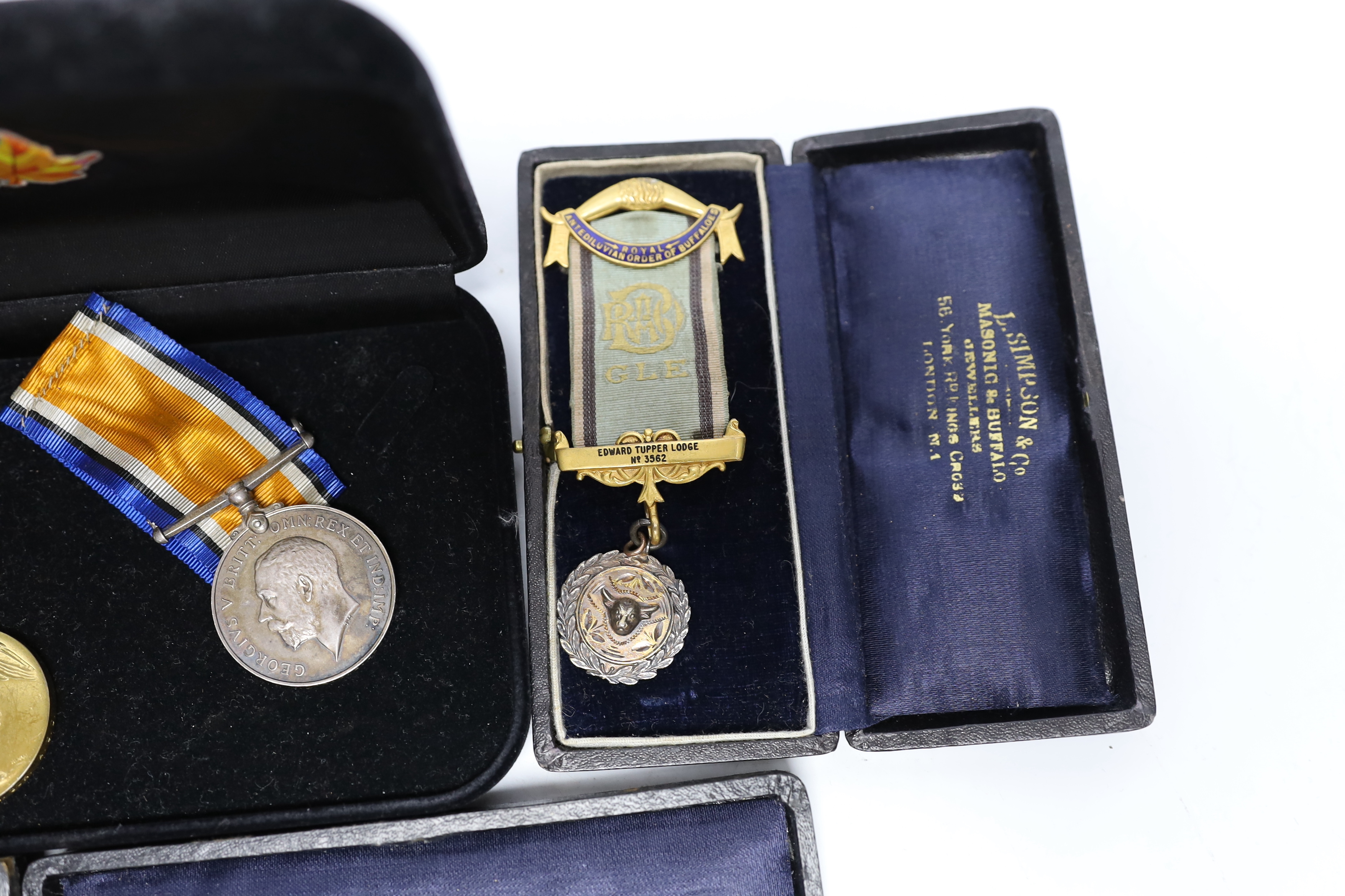 WWI trio awarded to CMT - 735 PTE A E COX ASC, three cased silver Masonic medals, two with enamel together with another empty Masonic related case